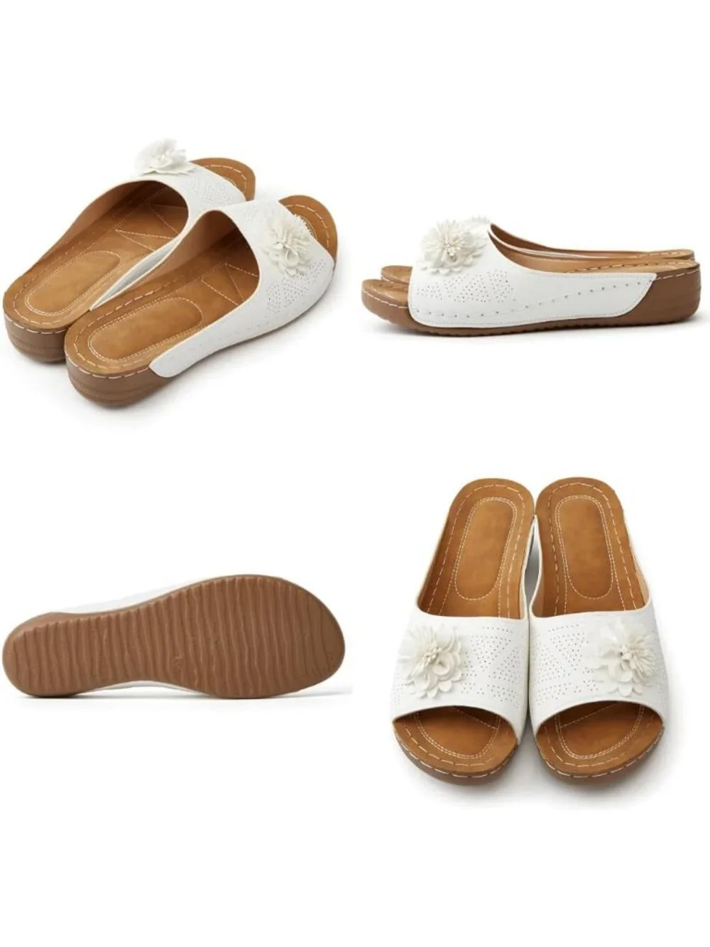 Women's Blue Faux Leather Summer Wedge Low Open Toe Slides Dressy Flower Sandals